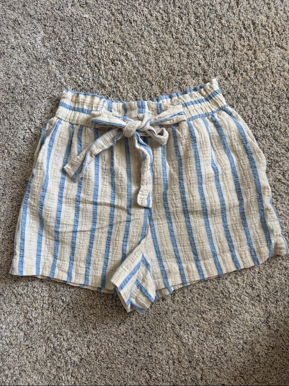 Zara  Blue and Cream Striped linen Tie-Front Women's Shorts